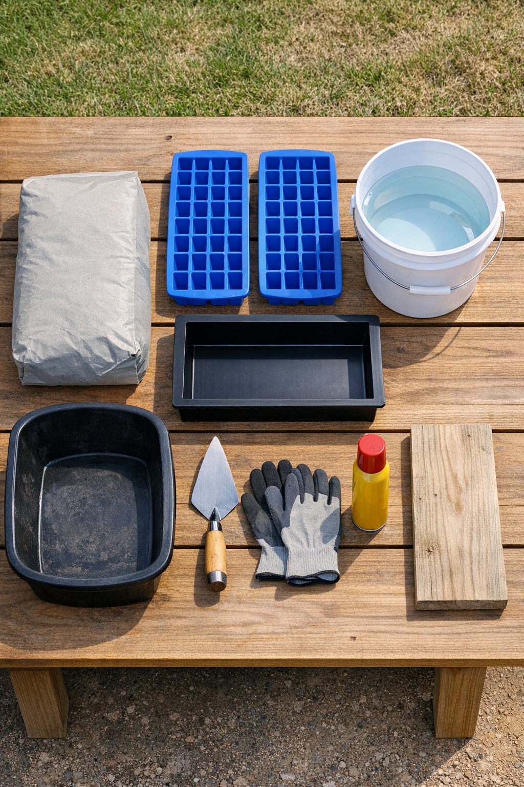 Materials for making waffle-textured cement garden pavers laid out on a work surface