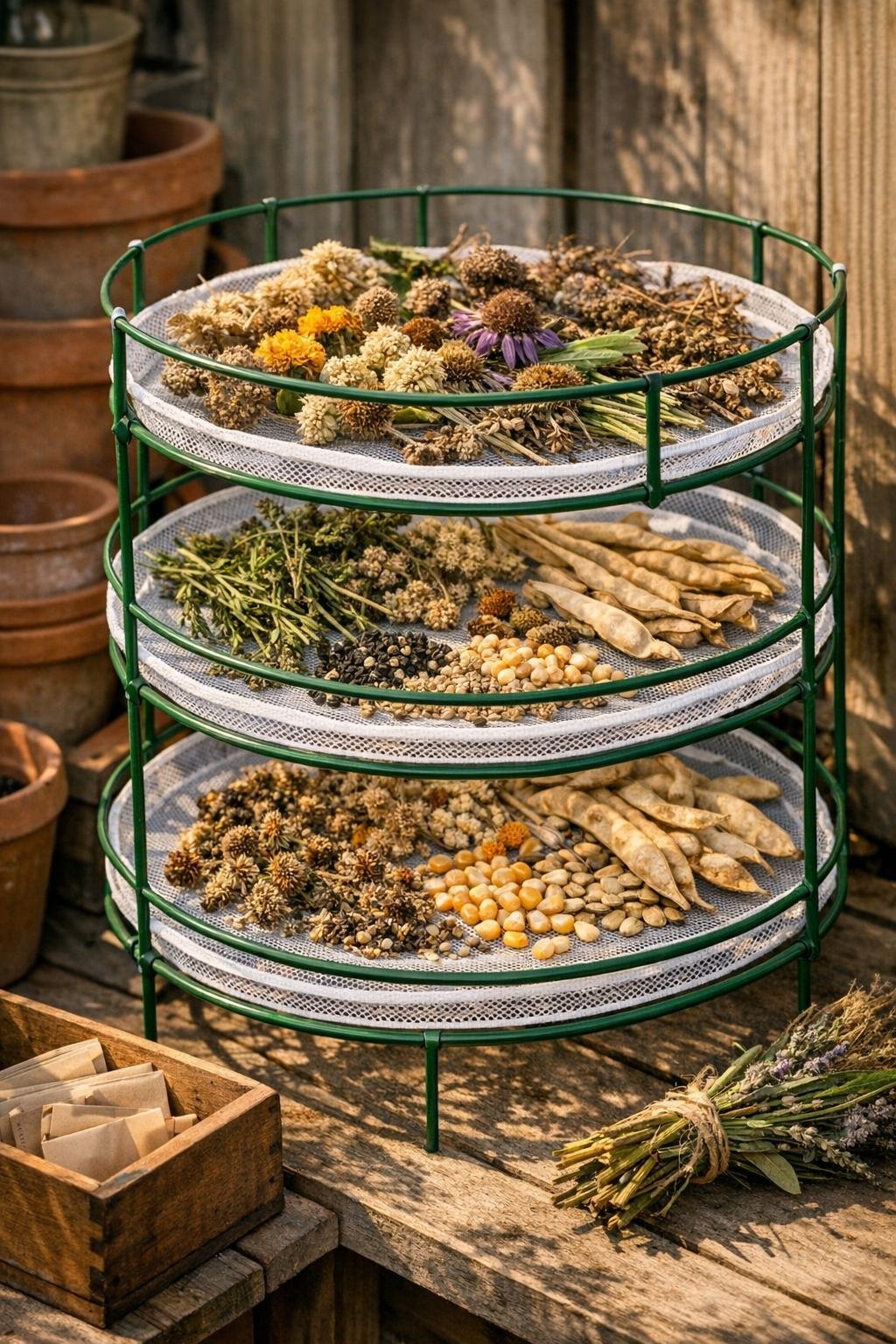 Finished seed-saving drying rack made from stacked tomato cages in a garden potting area