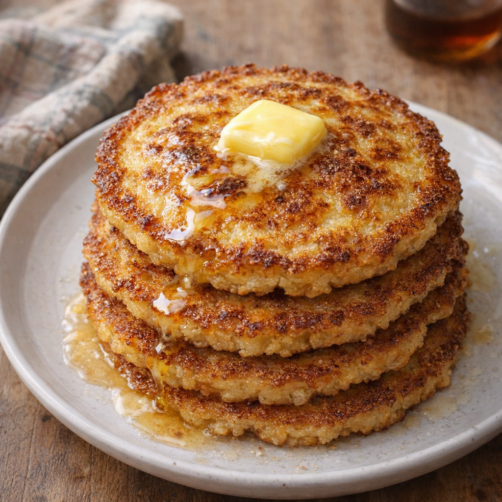 Rustic hoecakes stacked on a plate with melting butter