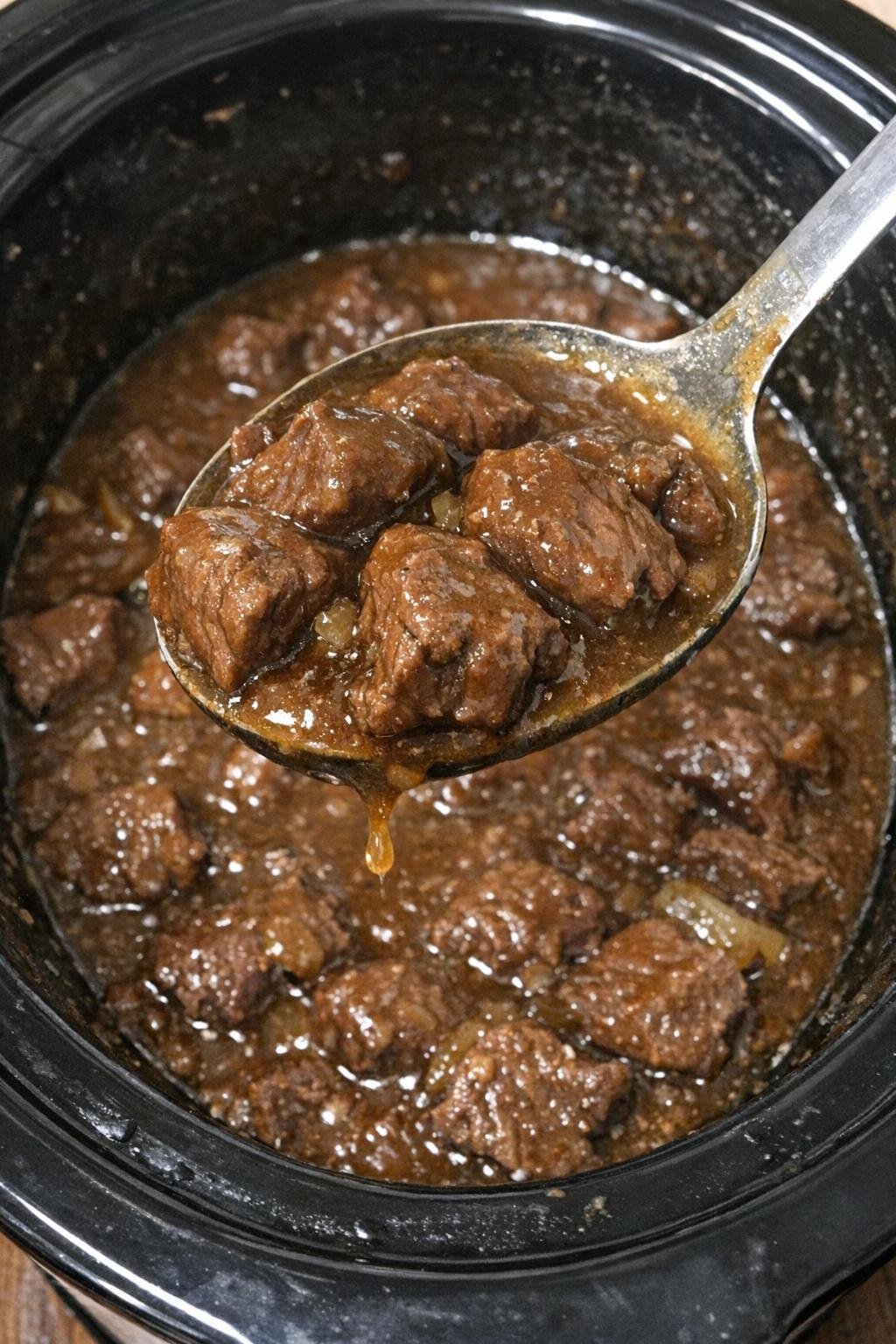 Slow cooker beef stew meat in brown gravy