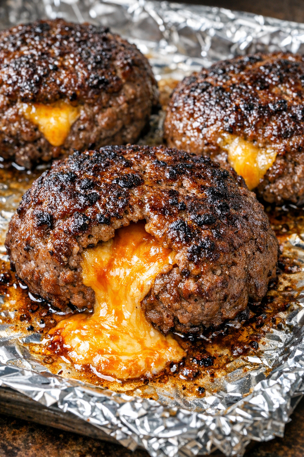 Low carb 3-ingredient stuffed burger patties with melted cheddar on a foil-lined tray