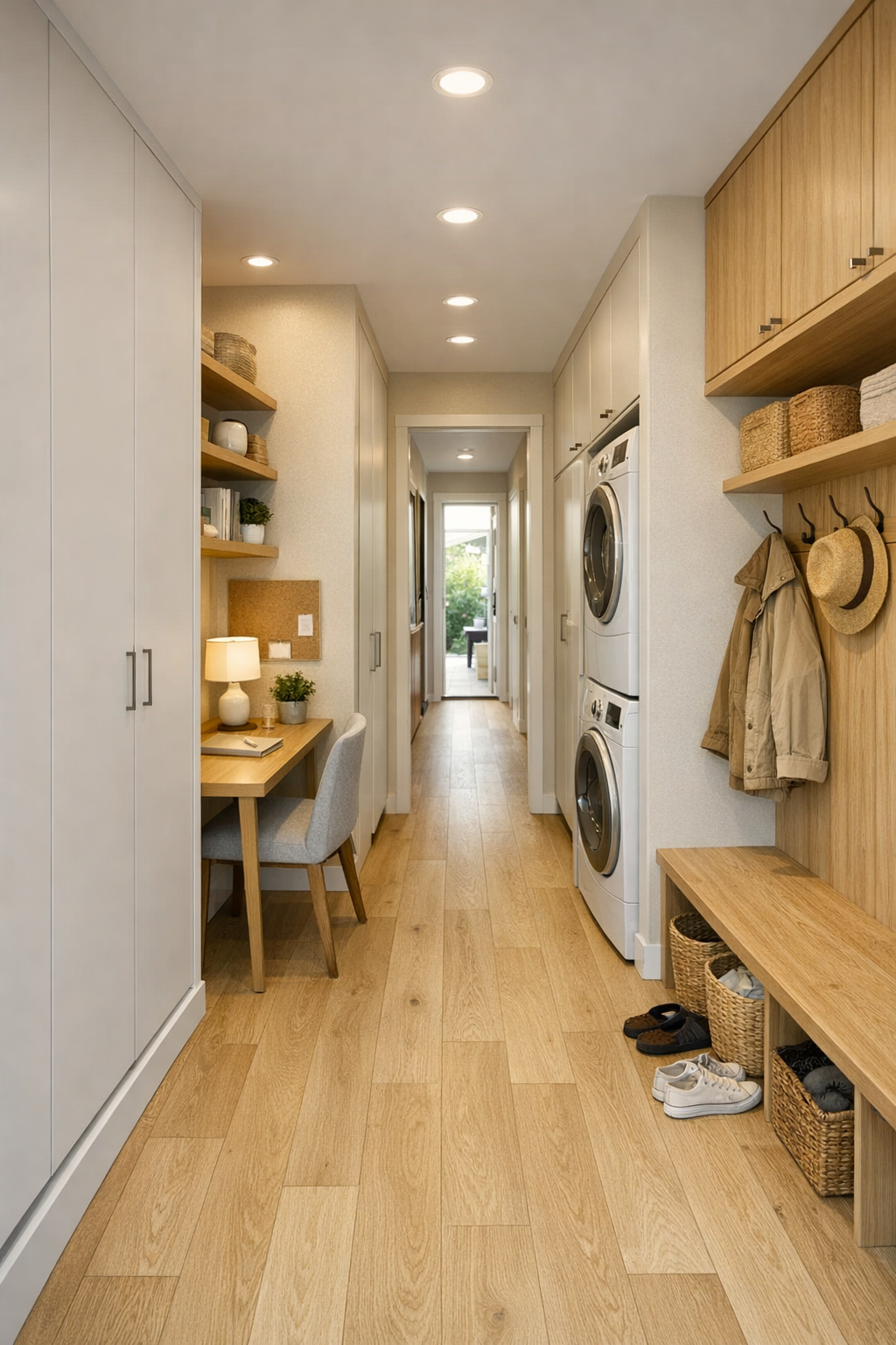 Bright hallway and flex nook with built-in storage and a compact workspace