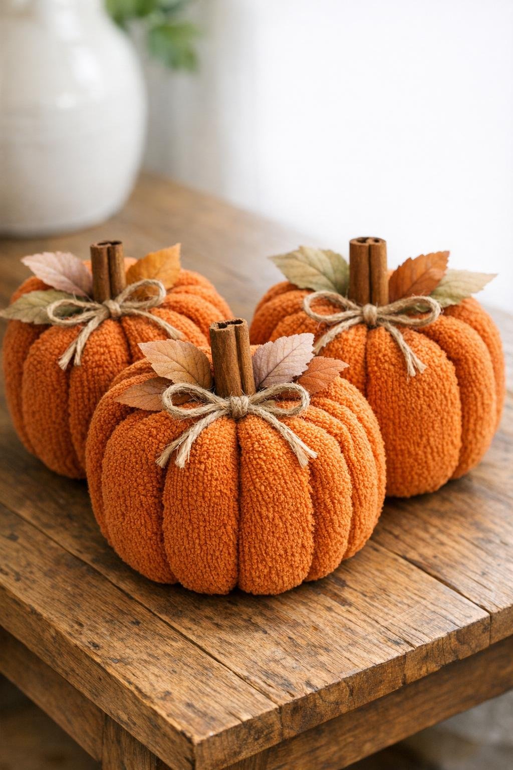 Finished trio of rolled towel pumpkins with cinnamon stick stems and leaves