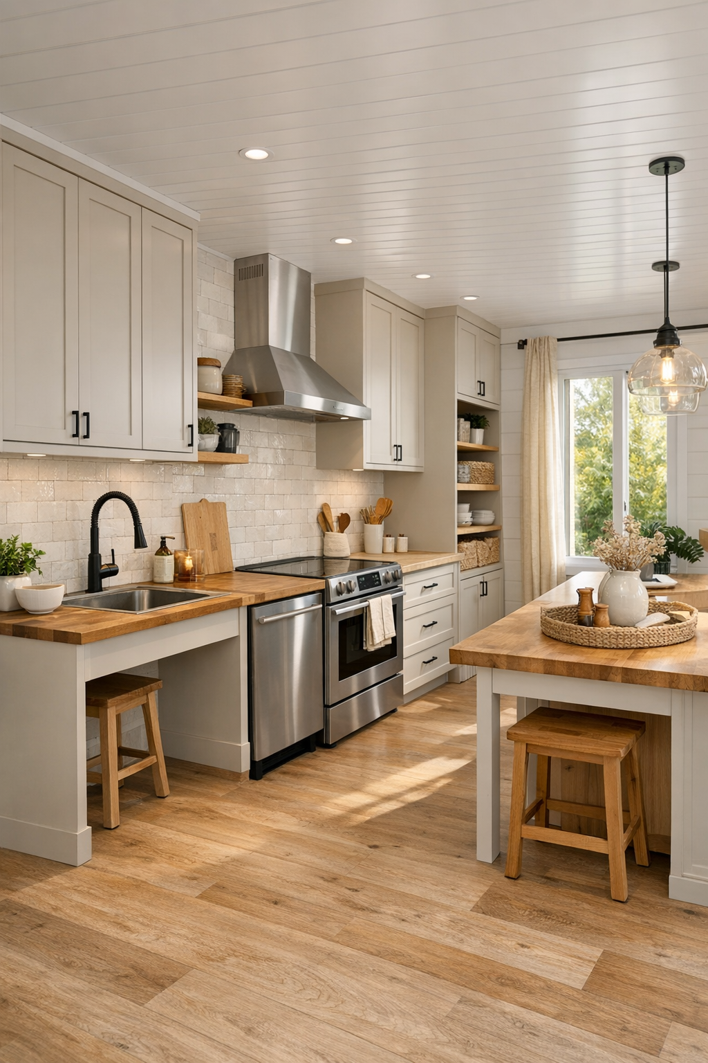 Accessible kitchen with creamy cabinetry, quartz counters, and warm wood details