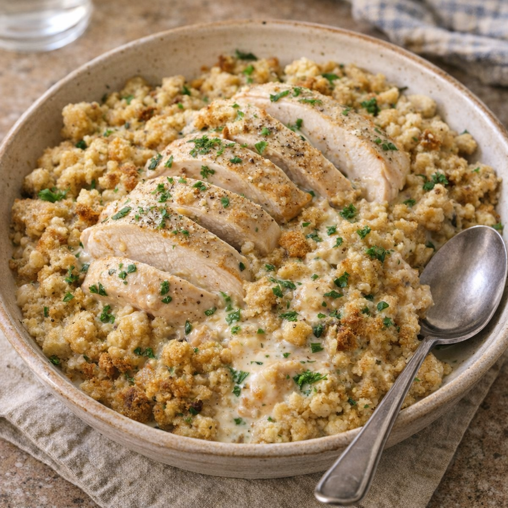 Slow cooker chicken and stuffing served family-style