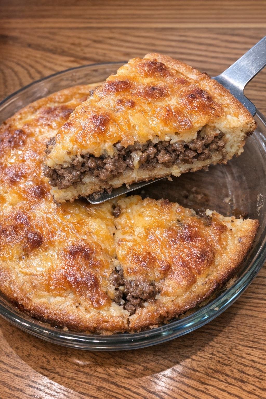 Close-up of a baked savory pie in a glass pie plate with one wedge lifted out