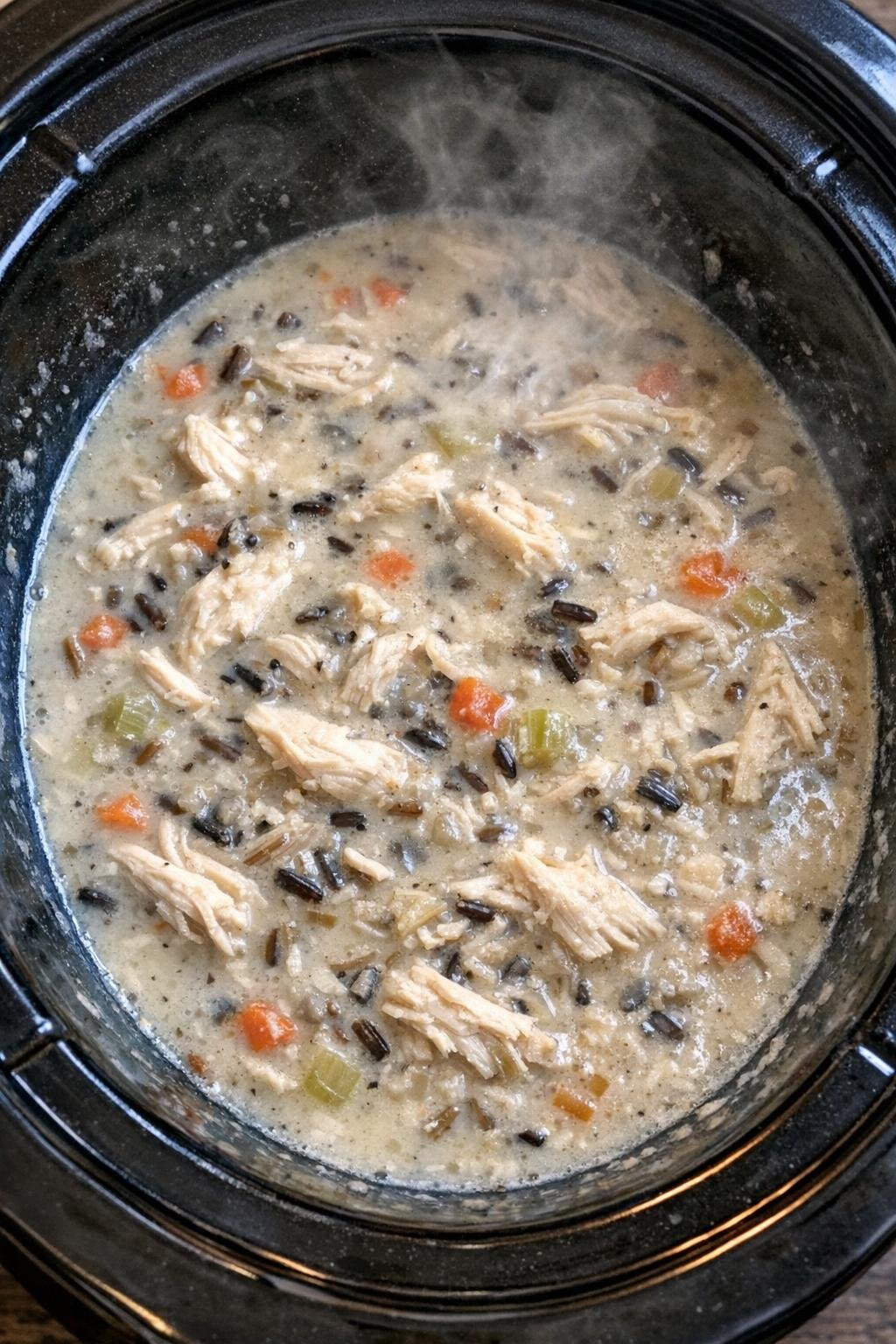 Creamy chicken and wild rice soup in a slow cooker