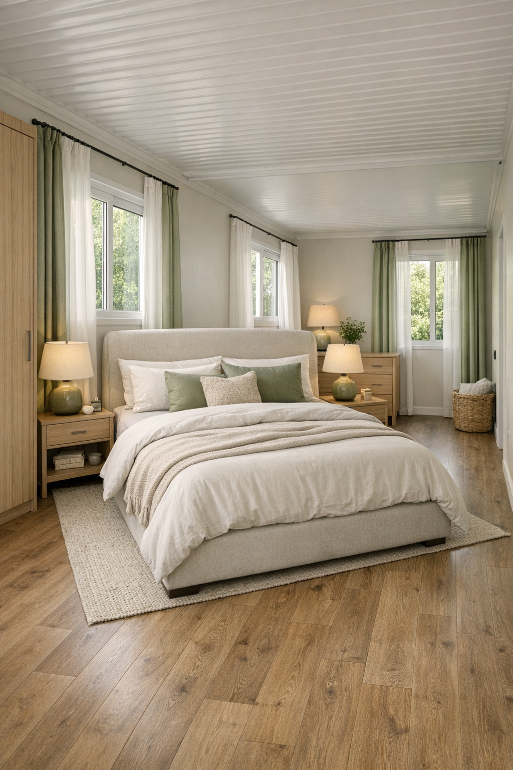 Calm bedroom with upholstered bed, layered neutral textiles, and soft green accents