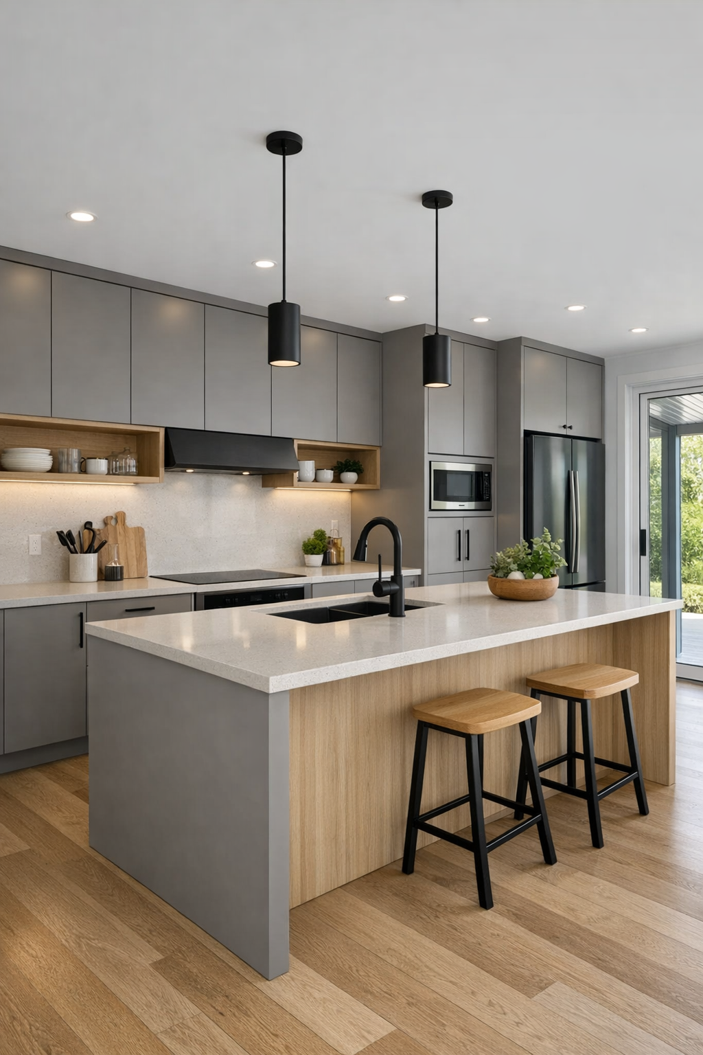 Kitchen with mushroom-gray cabinetry, pale quartz counters, and a large accessible island