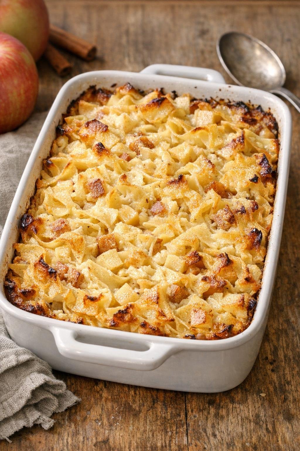 Finished baked apple noodle dessert in a ceramic casserole dish
