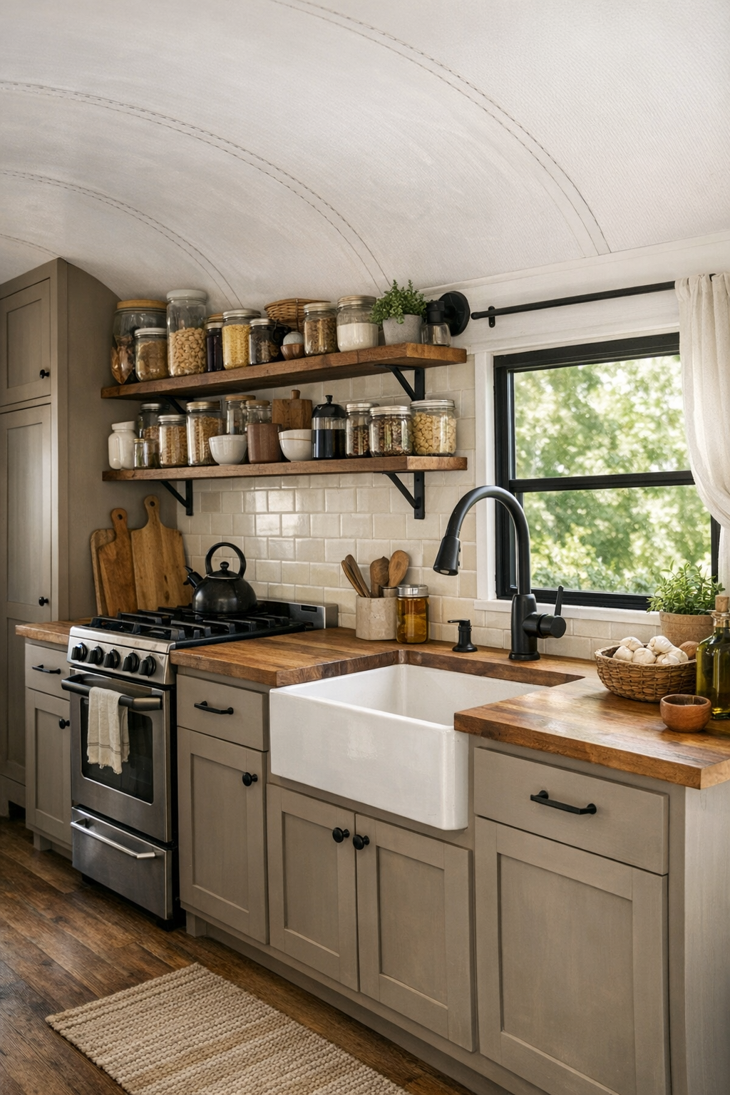 Warm galley kitchen in a converted bus with butcher block counters