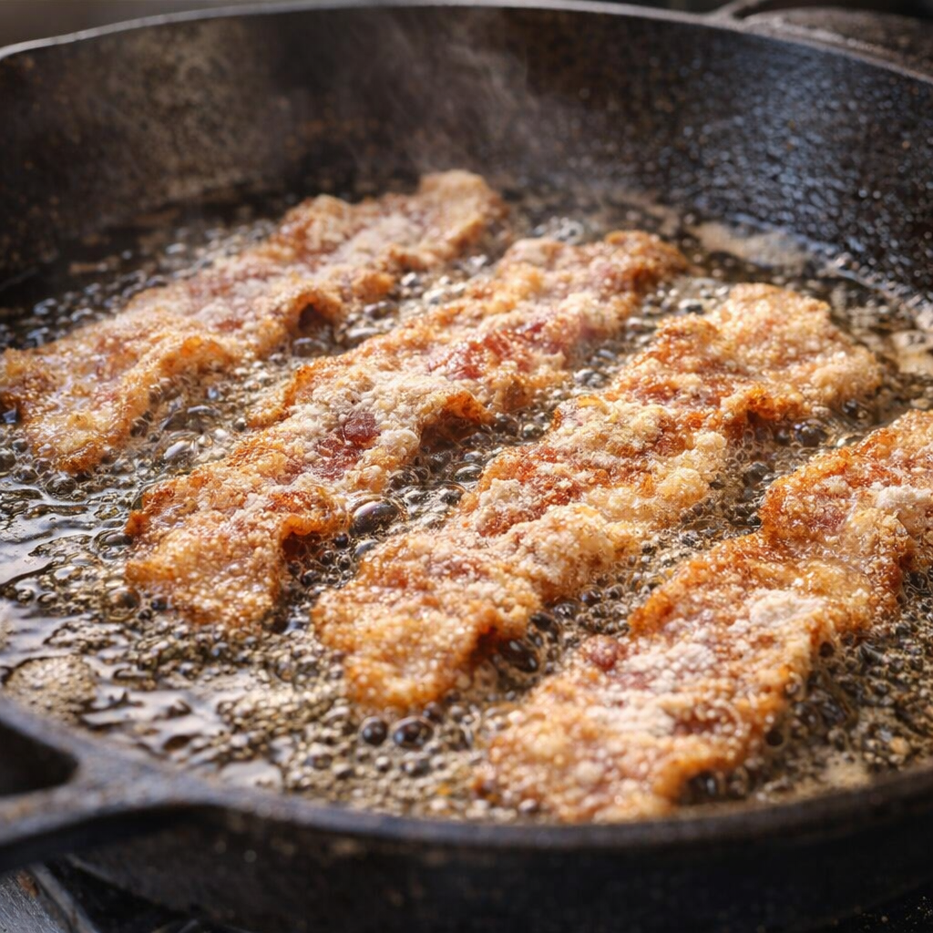 Floured bacon frying in a cast-iron skillet