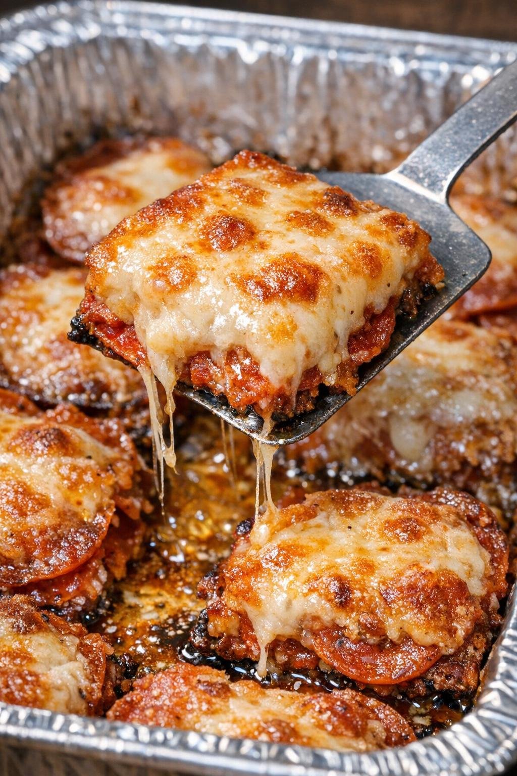 Low carb 4-ingredient pepperoni astor bakes in a foil tray