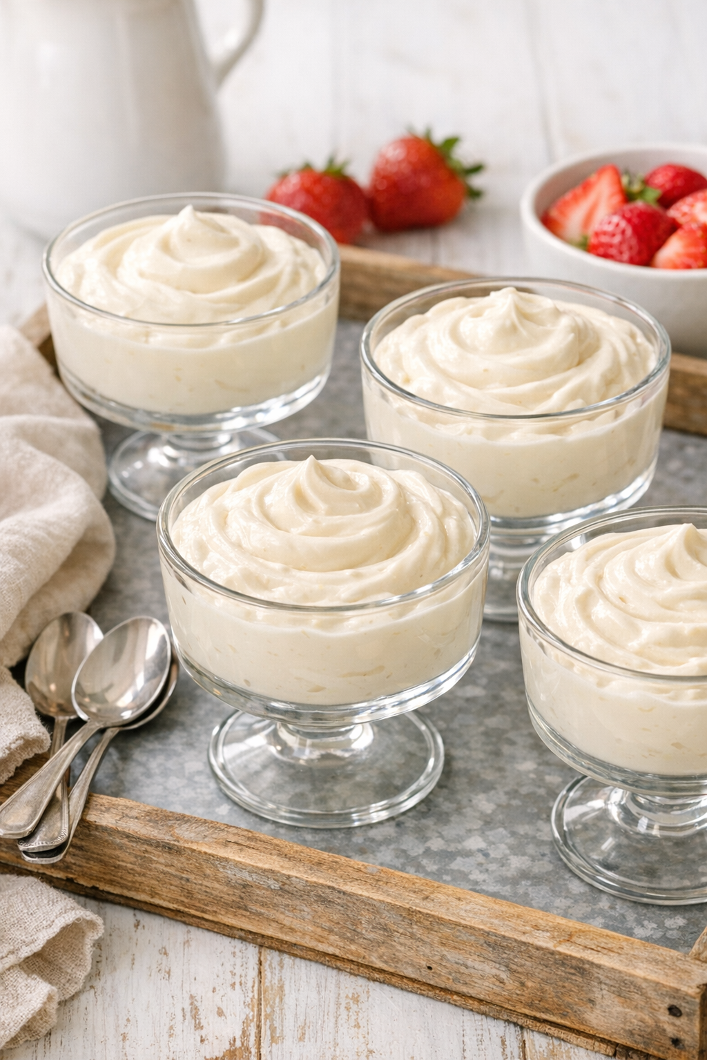 Cream cheese dessert portioned into glass dishes ready to chill