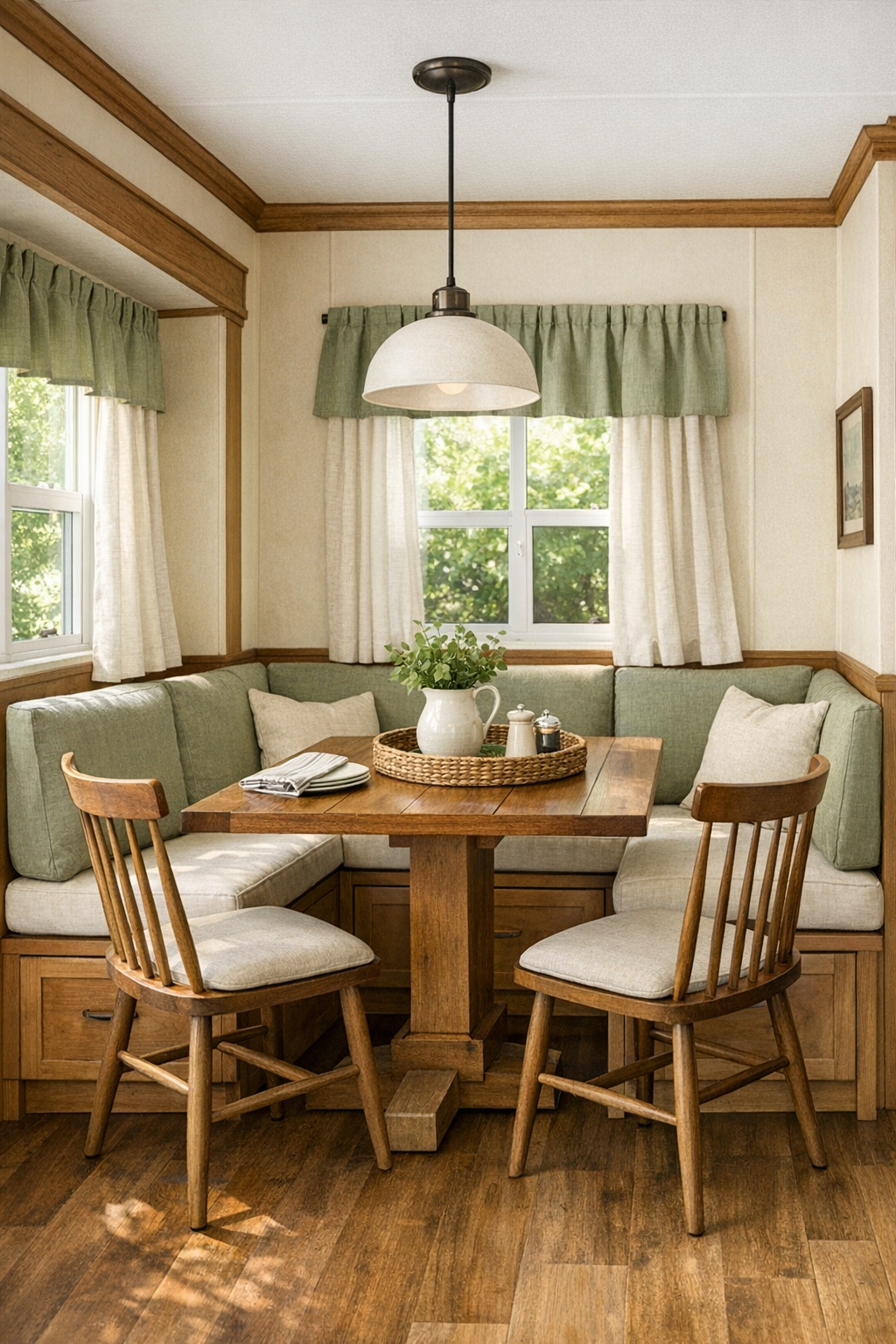 Cozy dining nook with banquette seating and a wood table