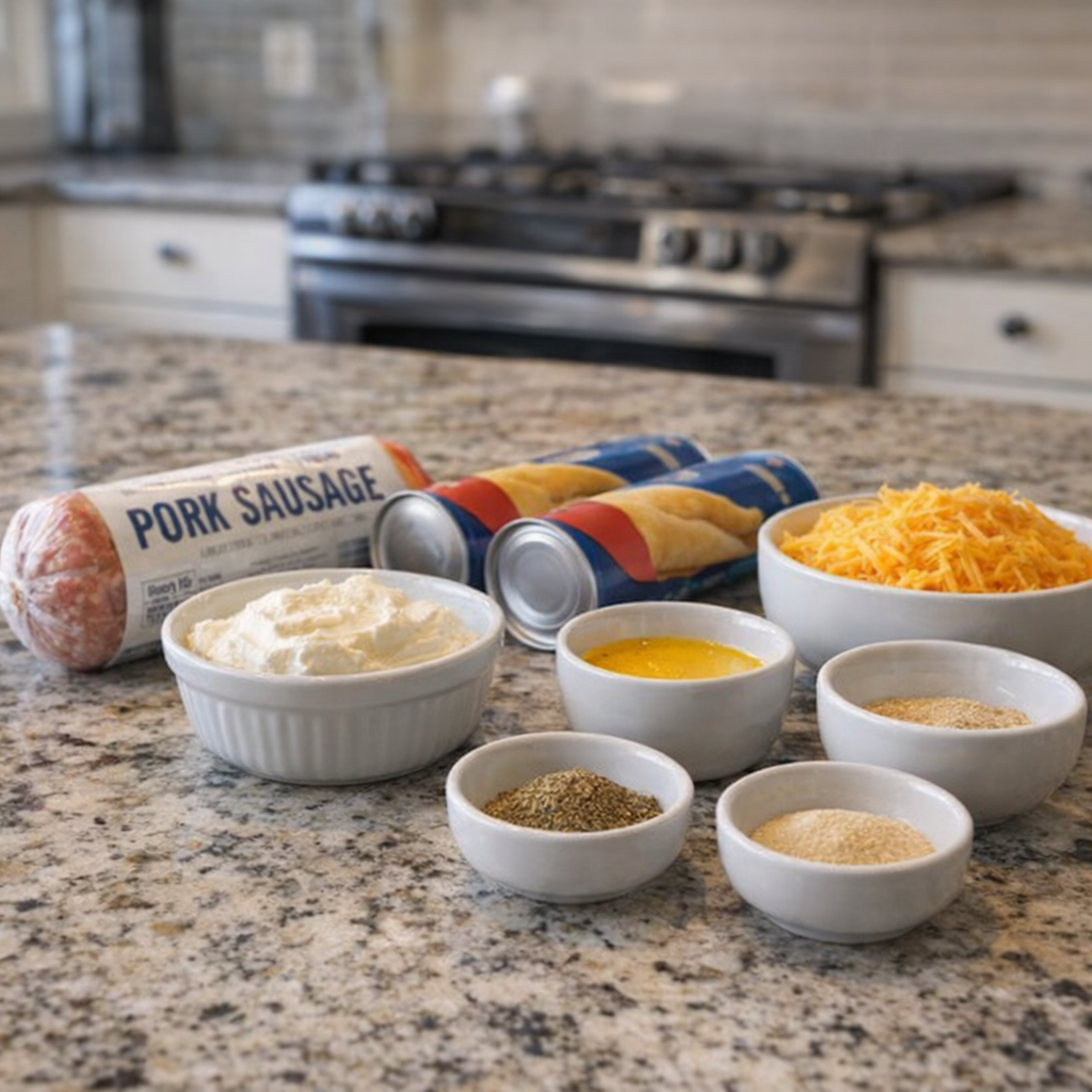 Ingredients for sausage cream cheese crescents arranged on a farmhouse counter