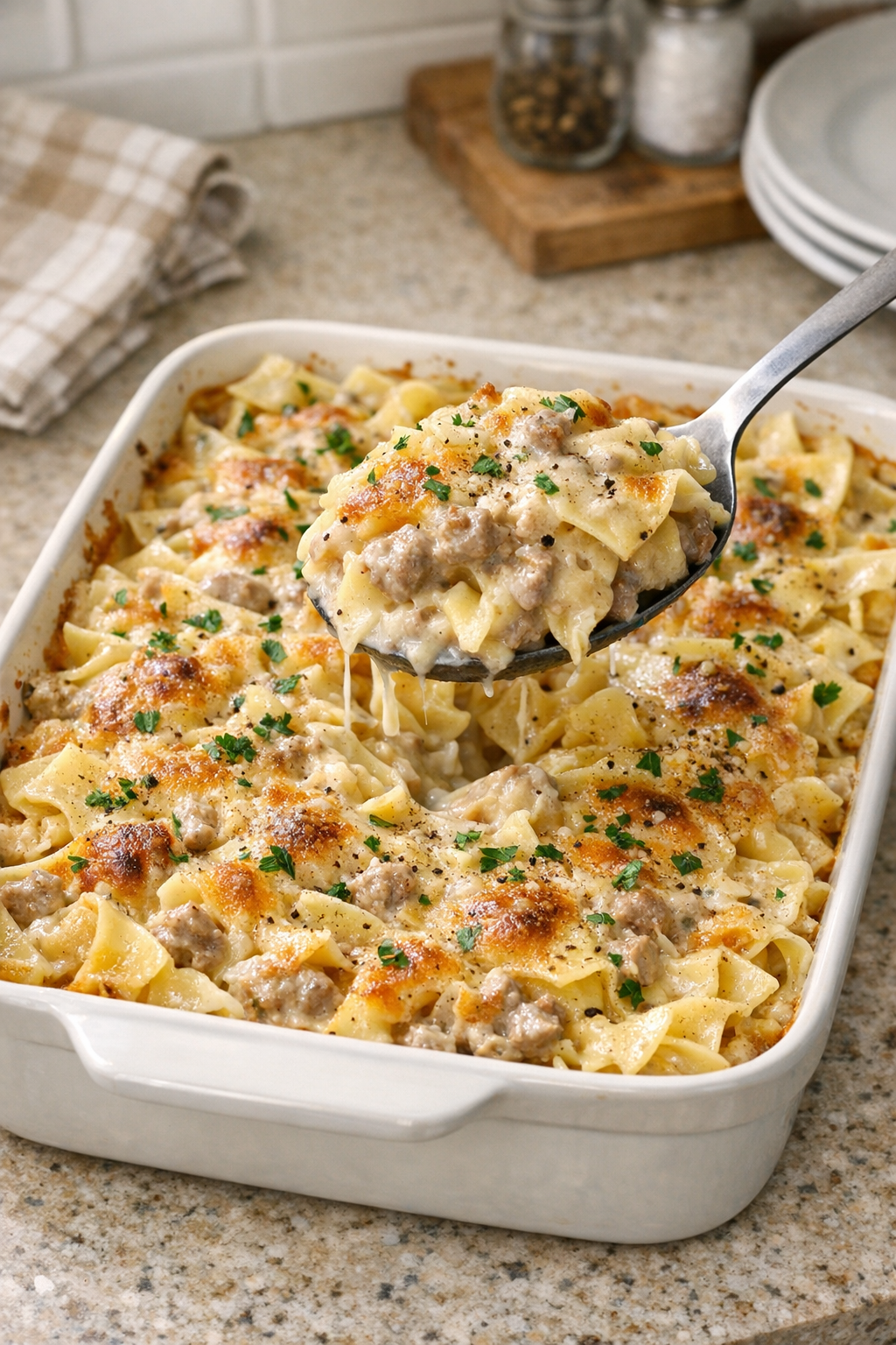 Baked sausage gravy noodles casserole in a white baking dish