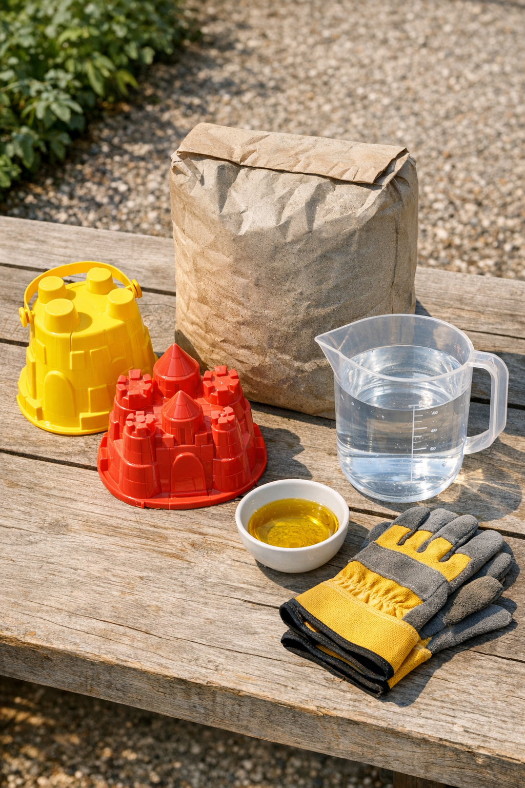 Materials for making textured cement yard pillars laid out on a work surface