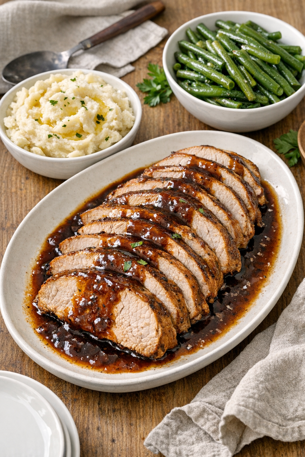 Finished sliced pork loin roast on a platter with sauce
