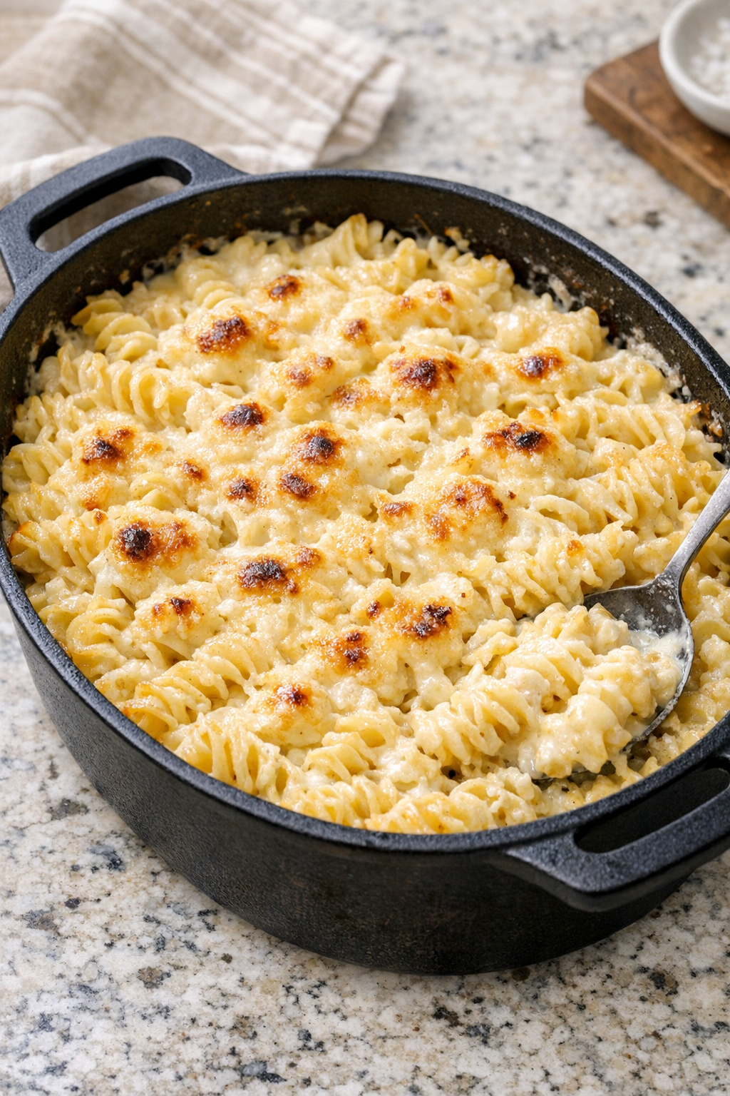 Finished baked cream cheese rotini casserole in cast iron dish
