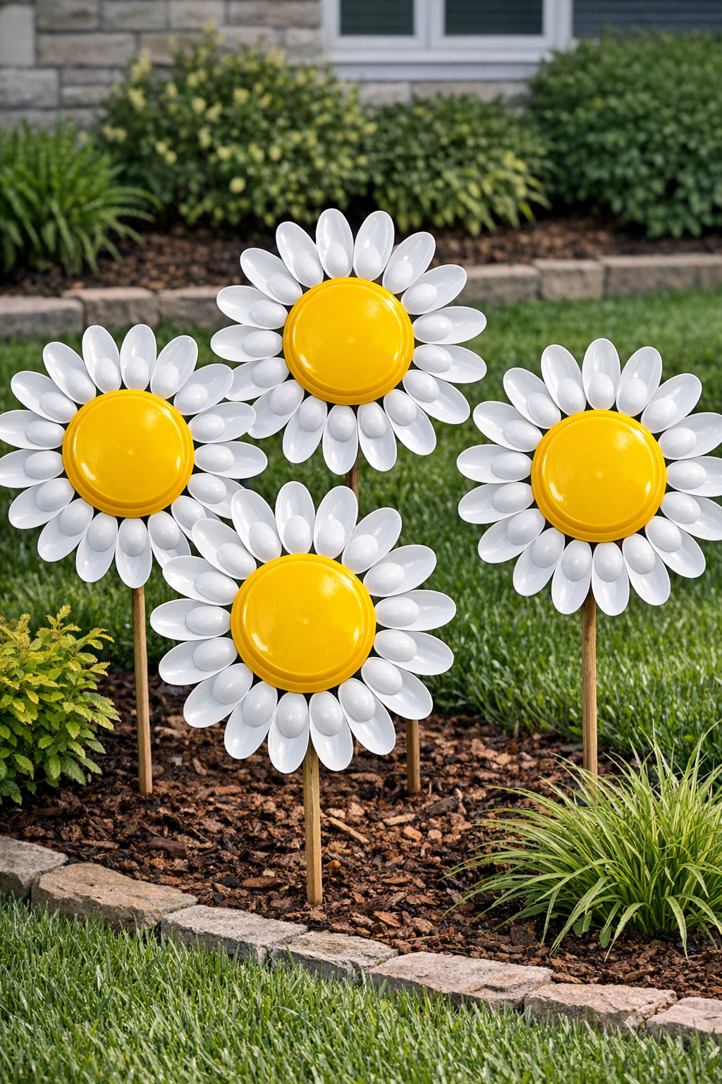 Finished giant front yard daisies made from white plastic spoons and yellow frisbees
