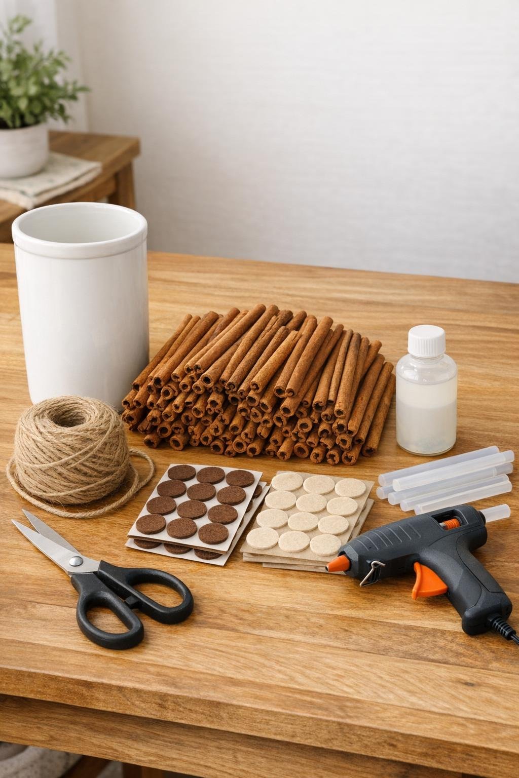 Materials for the ceramic crock cinnamon stick kindling holder laid out together