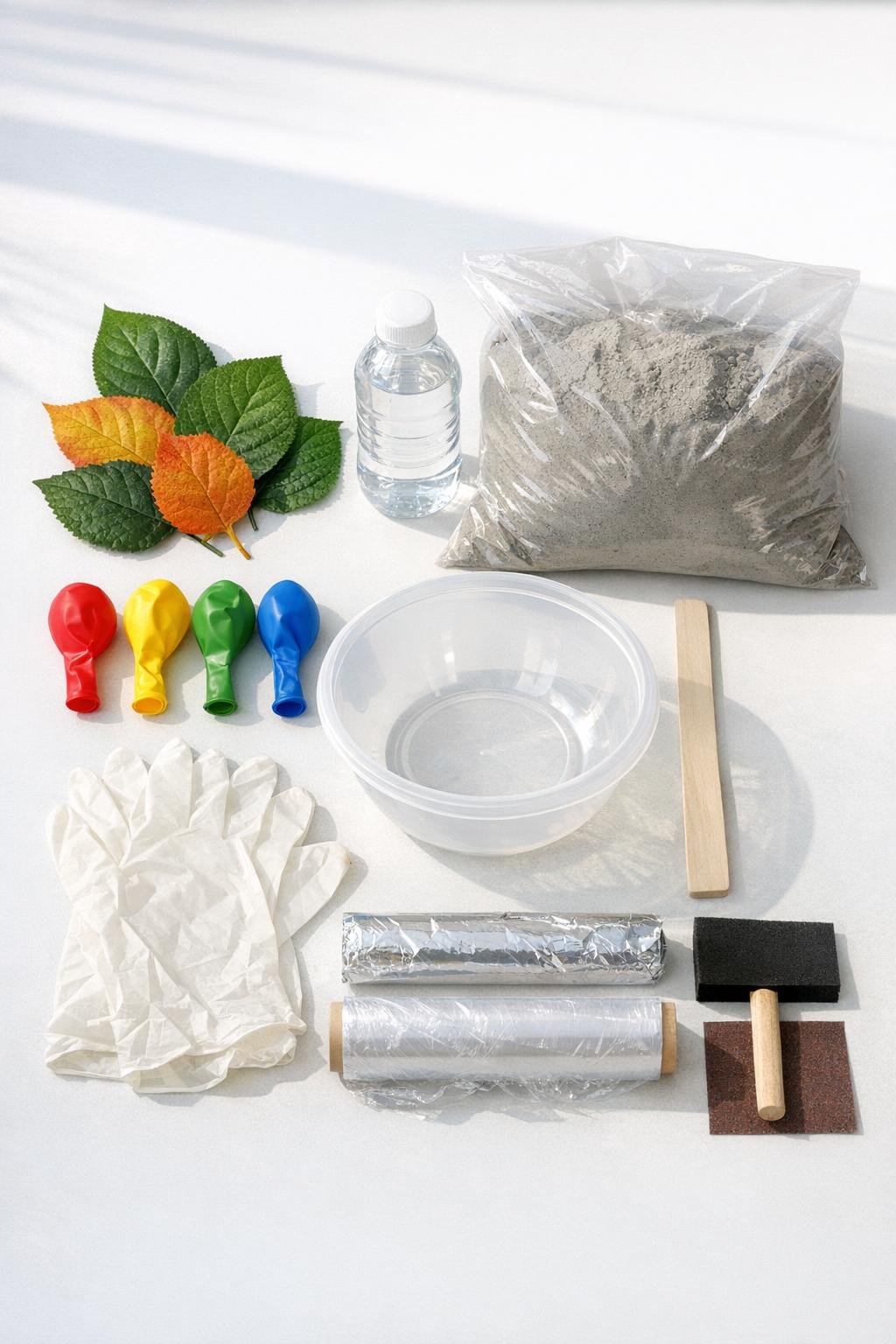 All materials laid out for making faux-stone leaf catch-all bowls