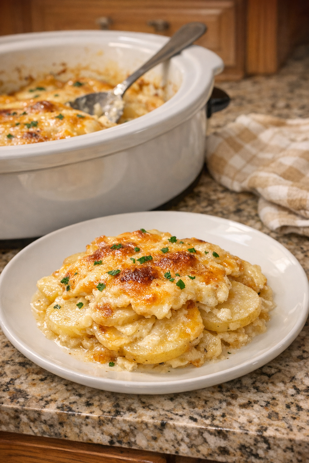 Finished slow cooker scalloped potatoes plated and creamy
