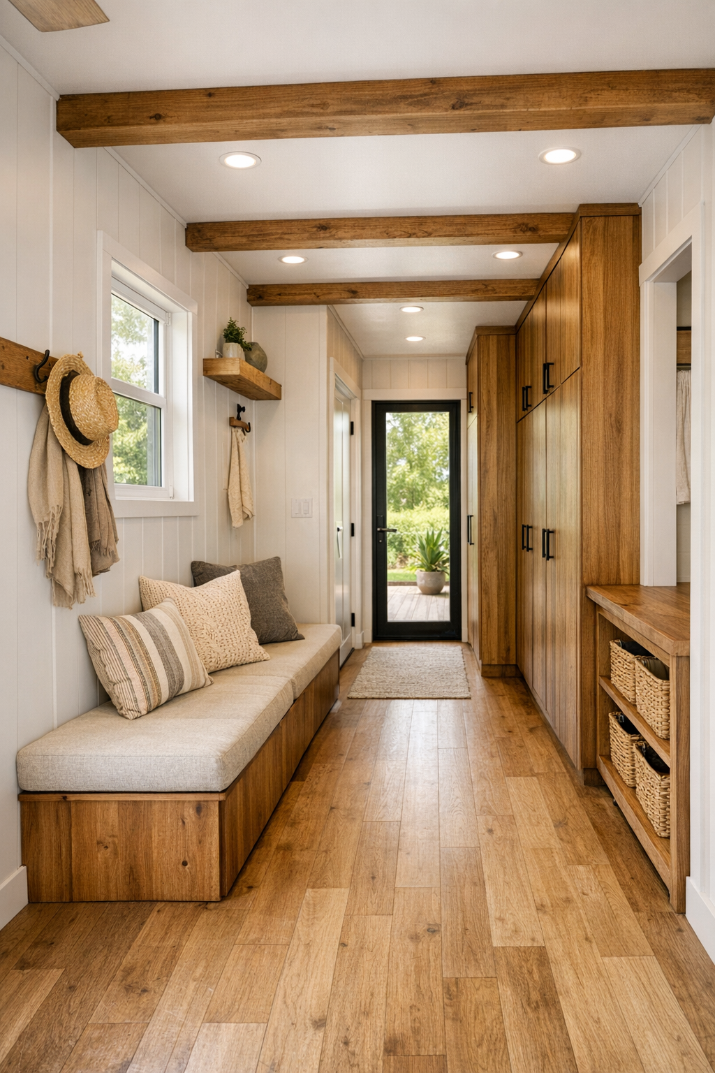 Well-organized entry and hallway area with built-in storage and warm finishes