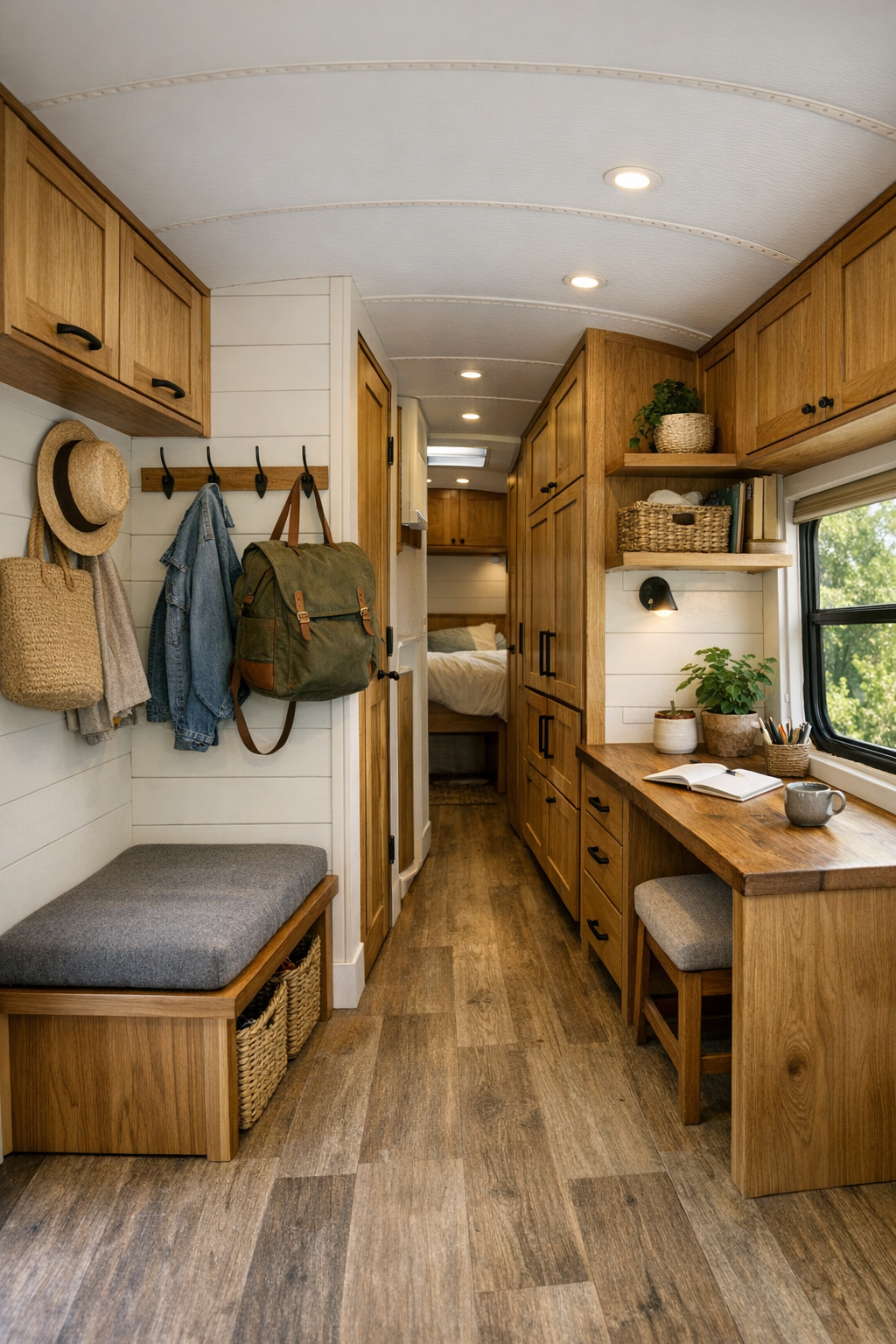 Smart multi-use area in a converted bus with entry storage, built-in desk, and compact cabinetry