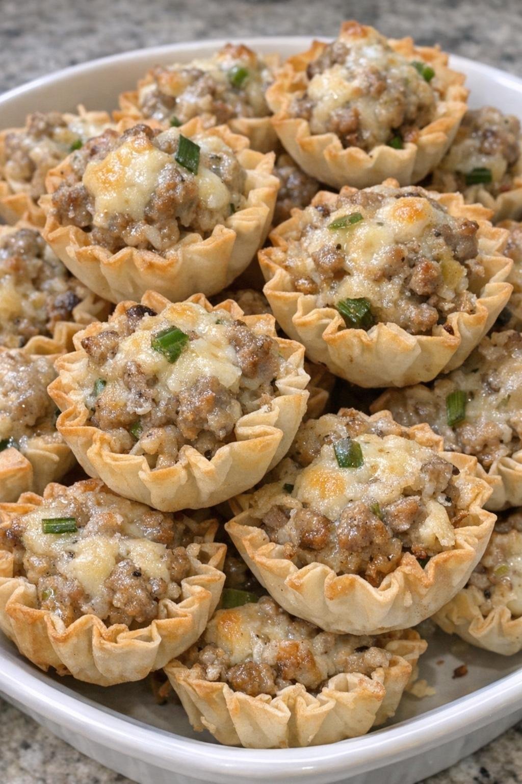 Crispy bite cups with savory filling in a serving dish