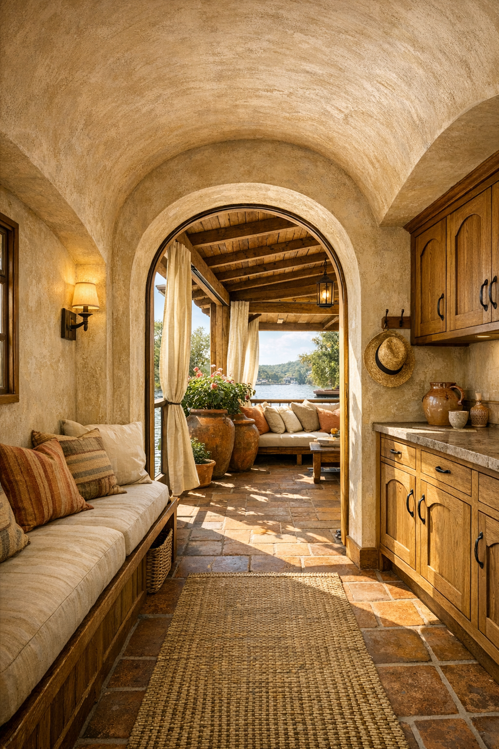 Bright transitional hall and terrace area with arched openings, built-ins, and Tuscan details