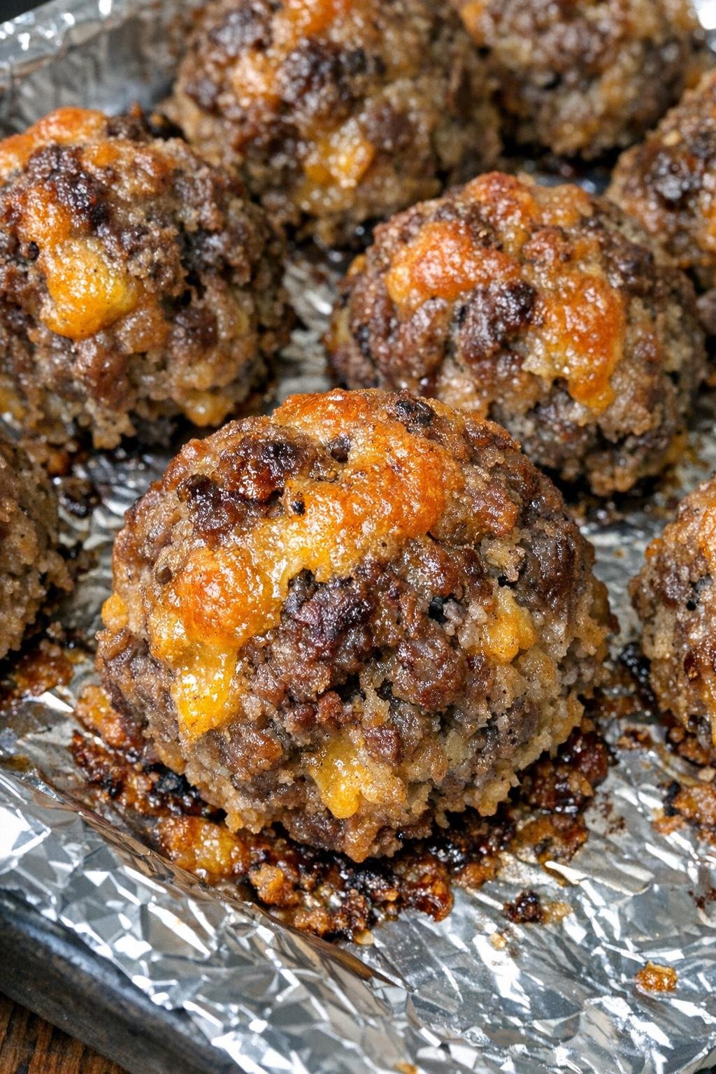 Oven baked 3-ingredient beef cheddar balls on a foil-lined baking sheet