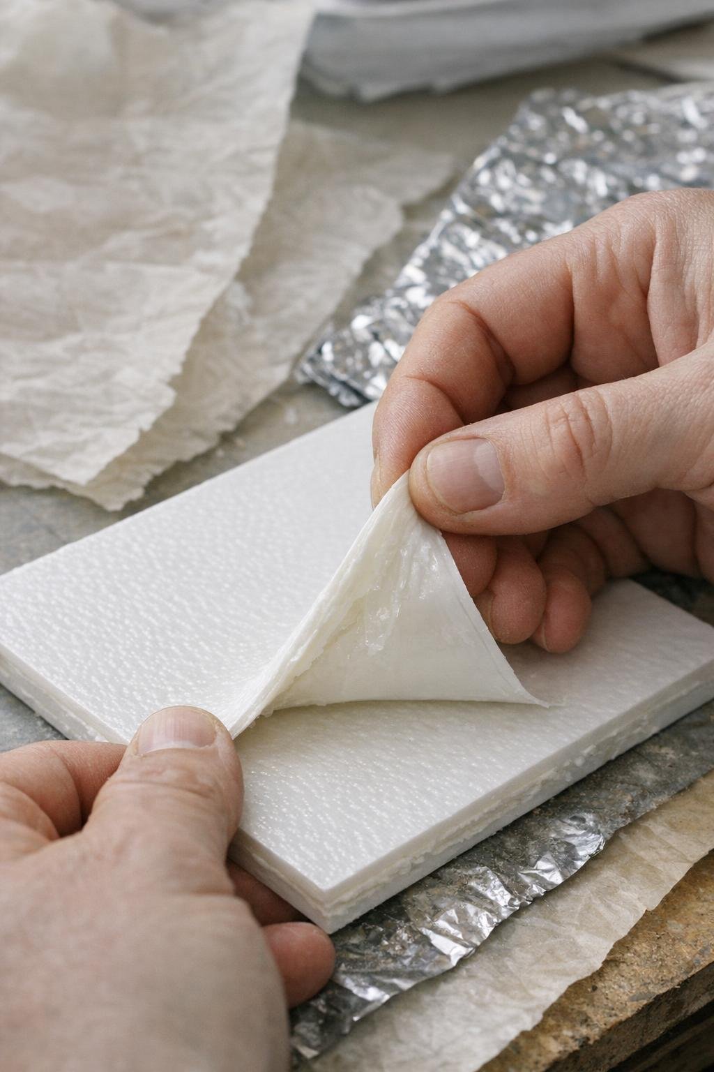 Corner of the fused plastic tile being checked after cooling