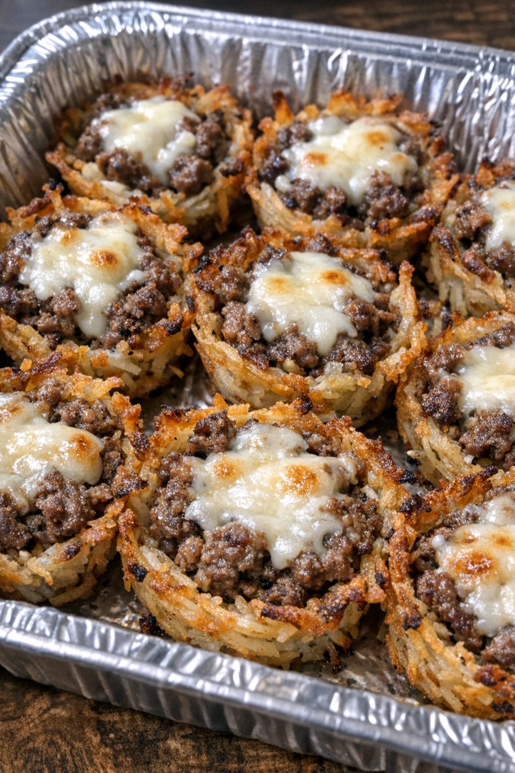 Oven baked beef hashbrown cups in a foil tray