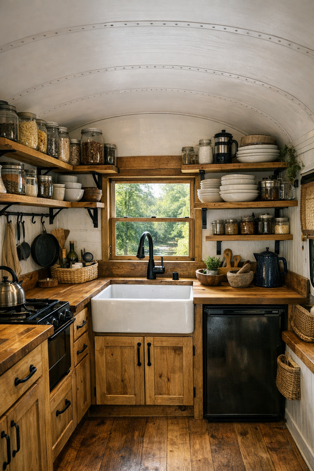 Narrow rustic bus kitchen with butcher block counters, open shelving, and a farmhouse sink