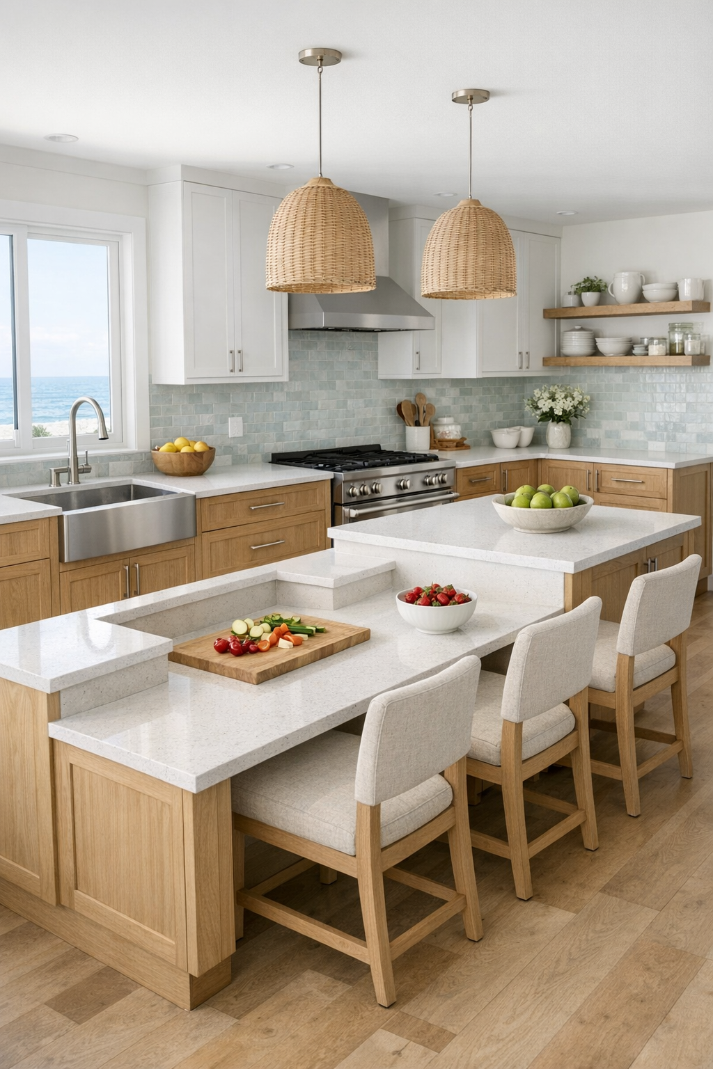 Accessible coastal kitchen with white oak cabinetry and pale quartz counters
