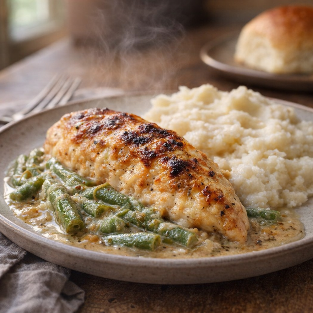 Served chicken and green beans on a dinner plate