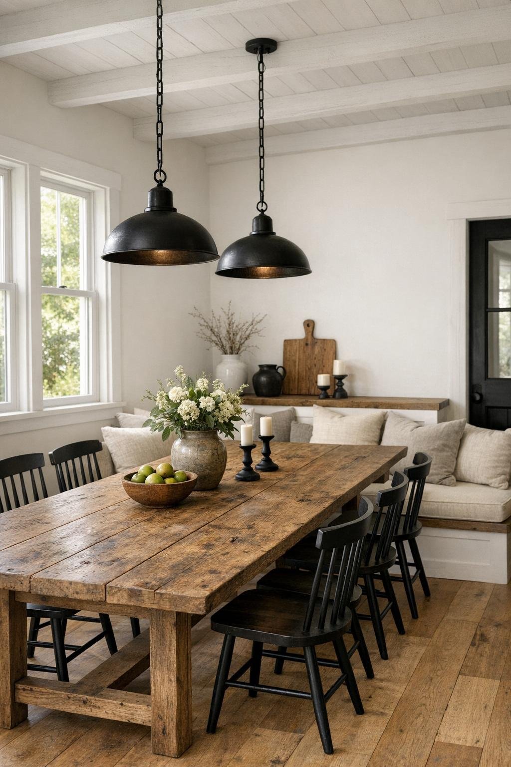 Open farmhouse dining room with a long oak table and iron pendant lights