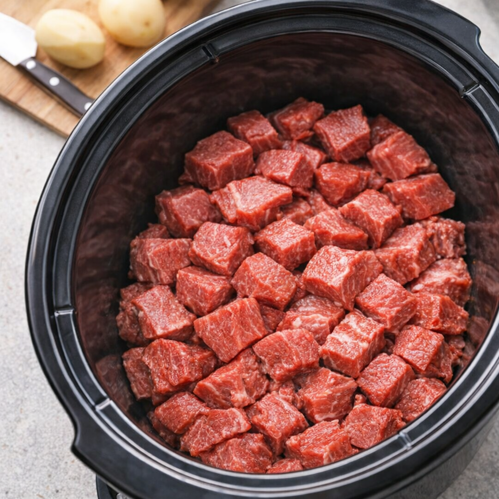 Raw beef layered in a slow cooker before adding vegetables