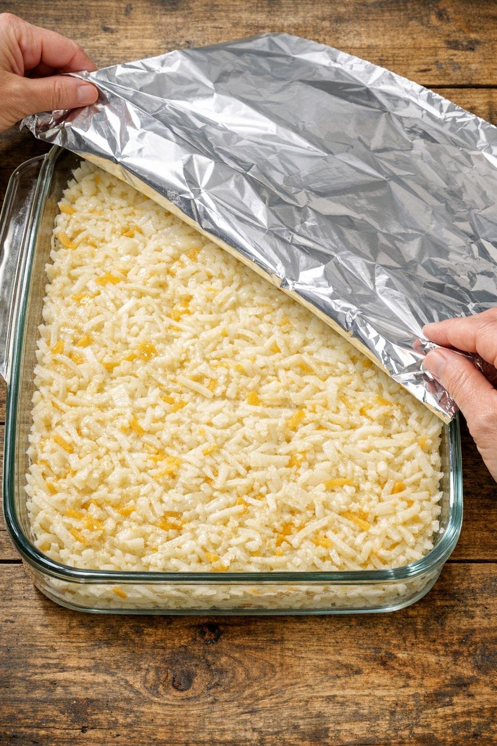 Unbaked casserole spread in a glass baking dish