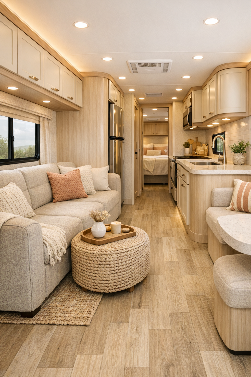 Accessible RV camper living room with peach accents, oatmeal sofa, and pale wood flooring