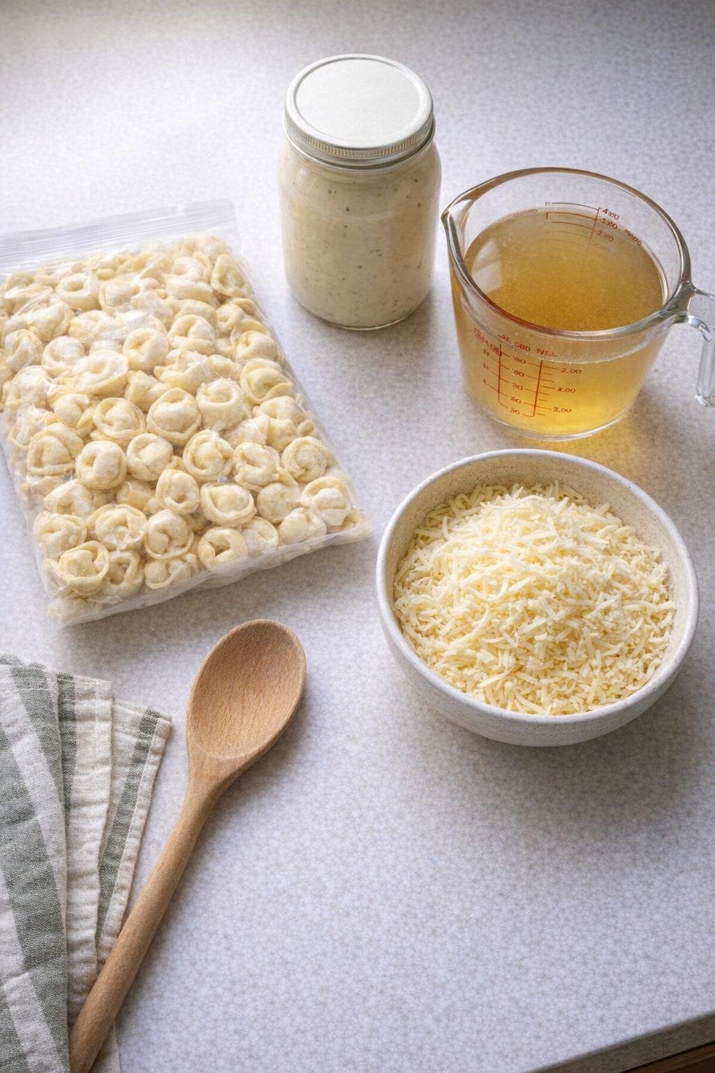 Simple tortellini ingredients spread on a kitchen counter