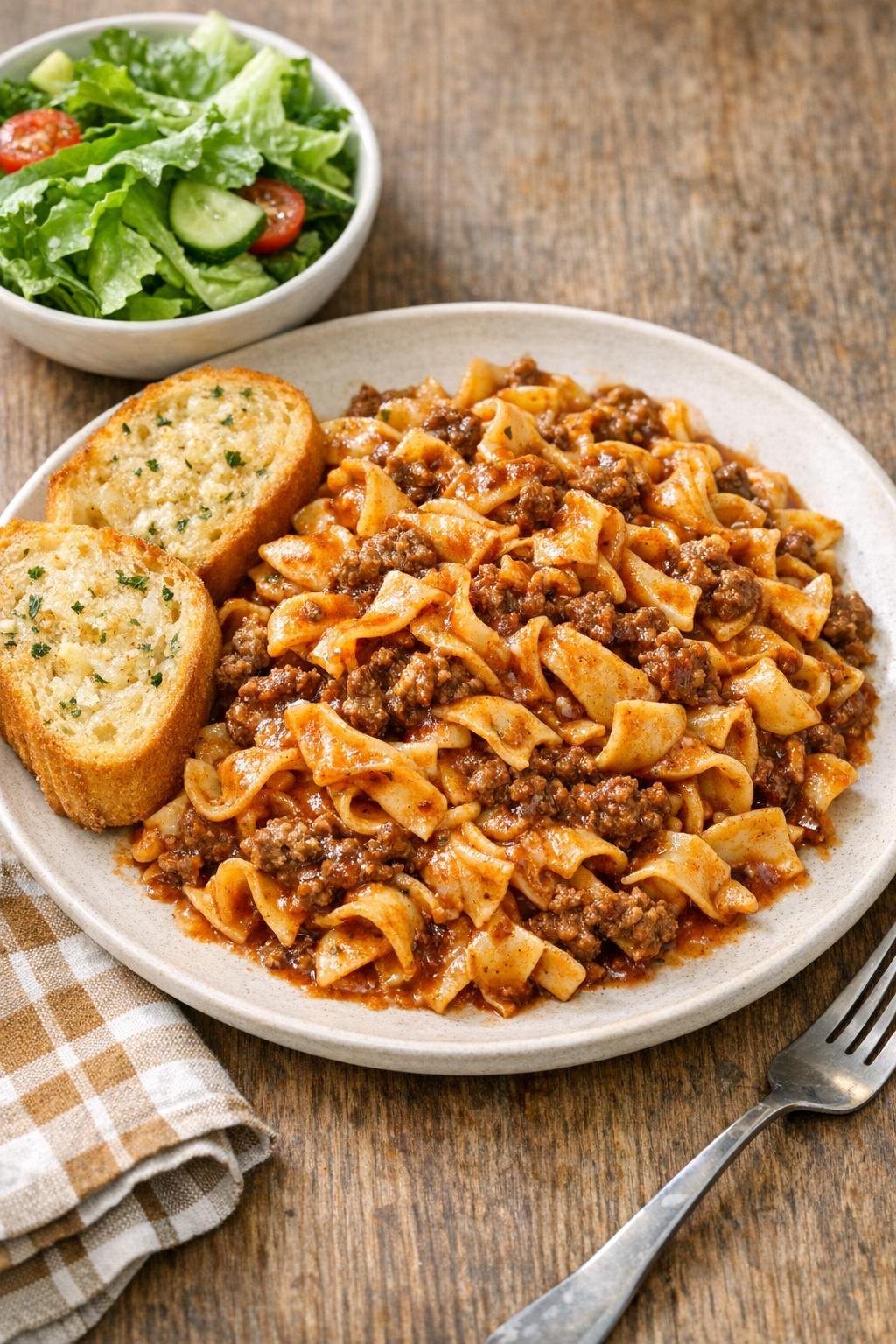 Kant-en-klare pasta geserveerd met eenvoudige bijgerechten.