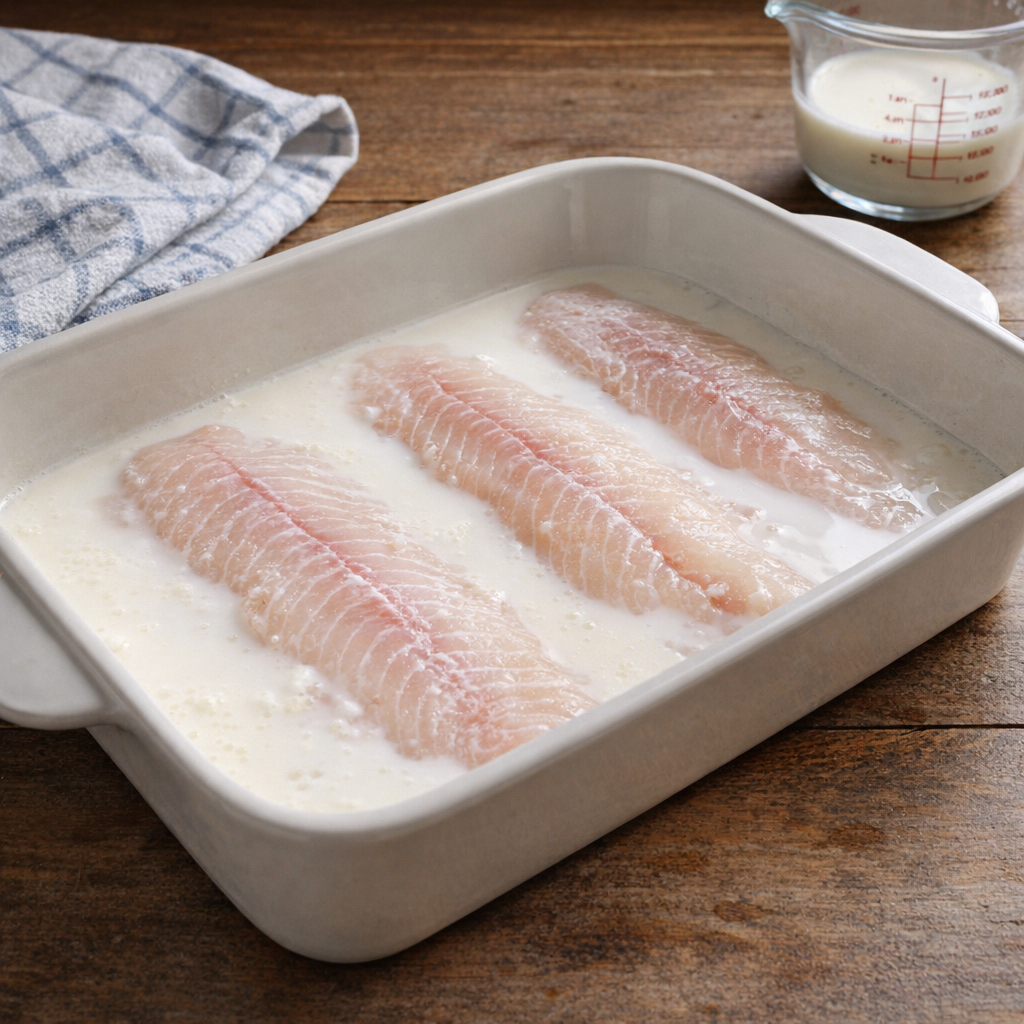 Fish fillets soaking in milk in a shallow dish