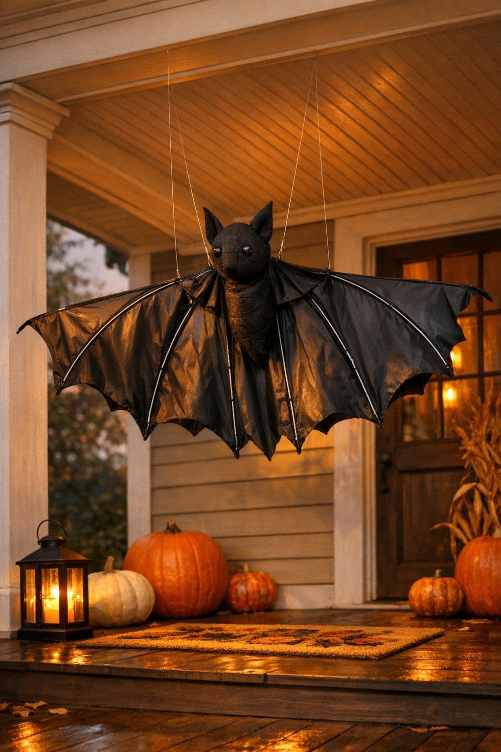 Finished giant porch bat hanging from a porch ceiling at dusk