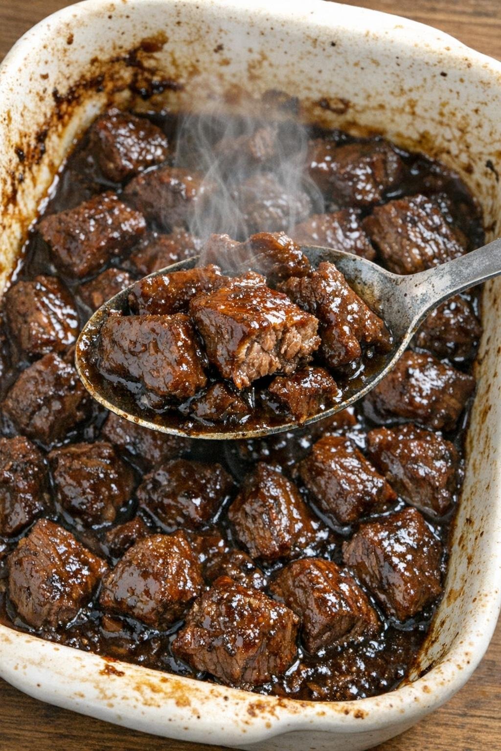 Tender beef bites in a ceramic baking dish
