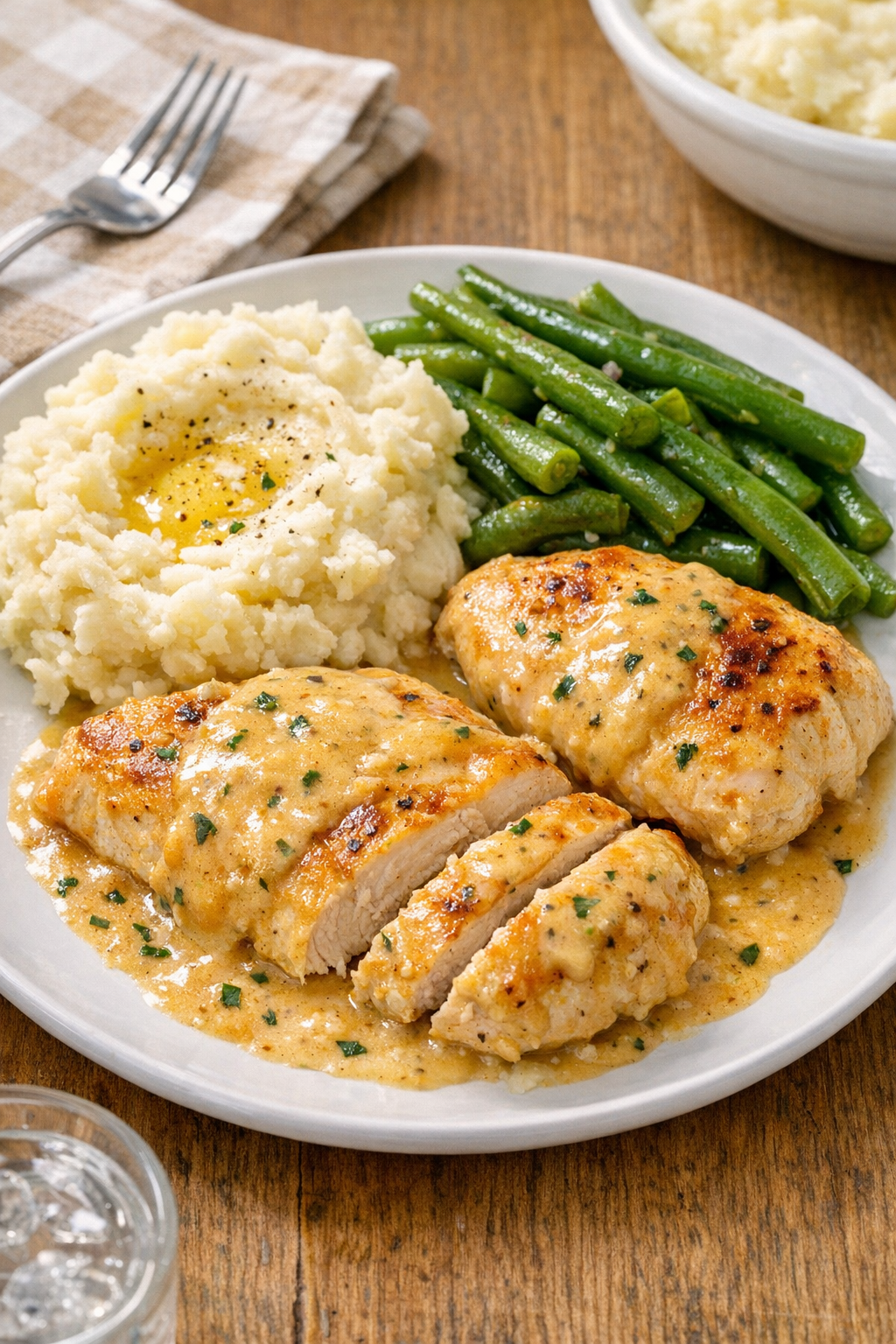 Finished baked chicken cutlets with creamy golden sauce on a dinner plate