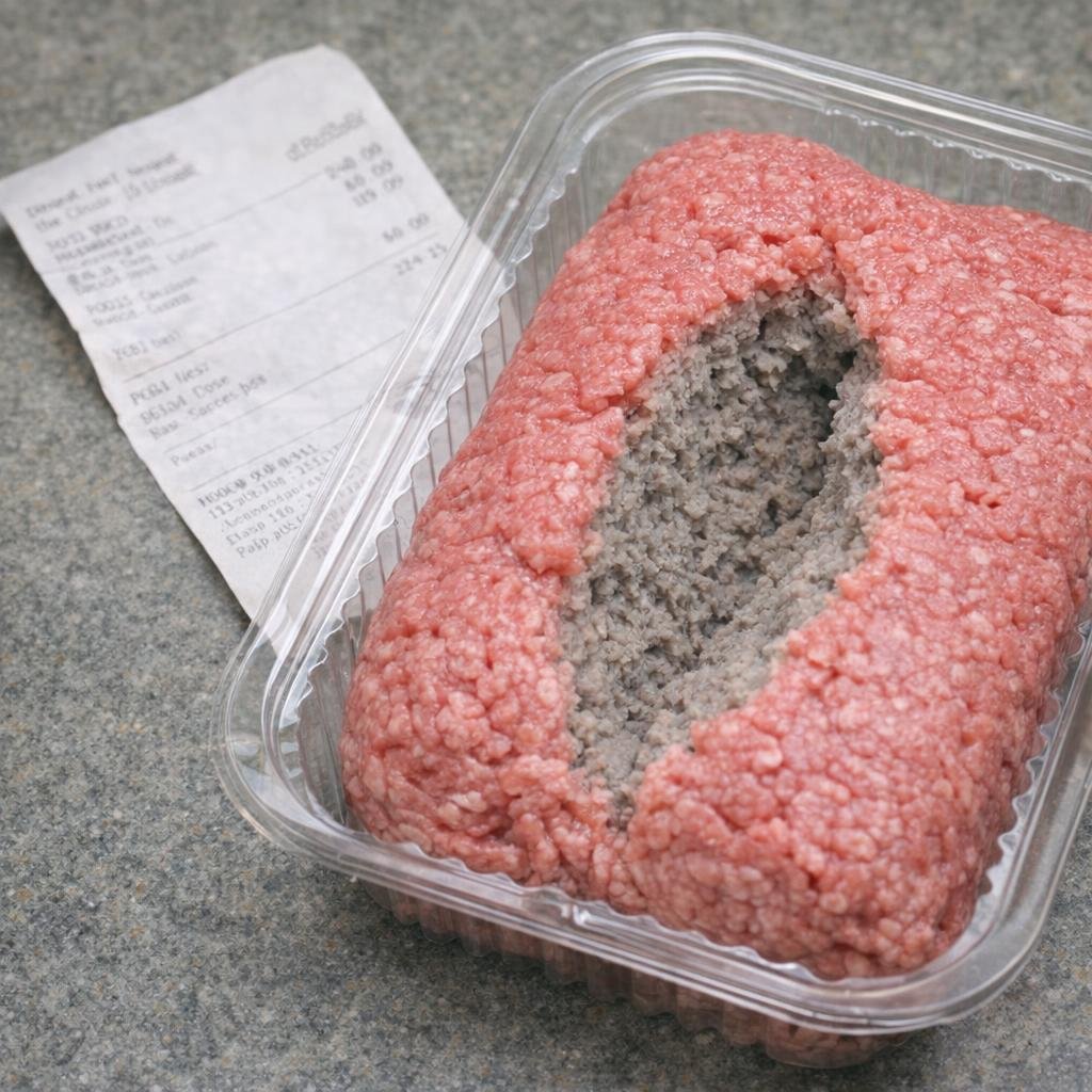 Questionable ground beef package set aside with receipt on kitchen counter