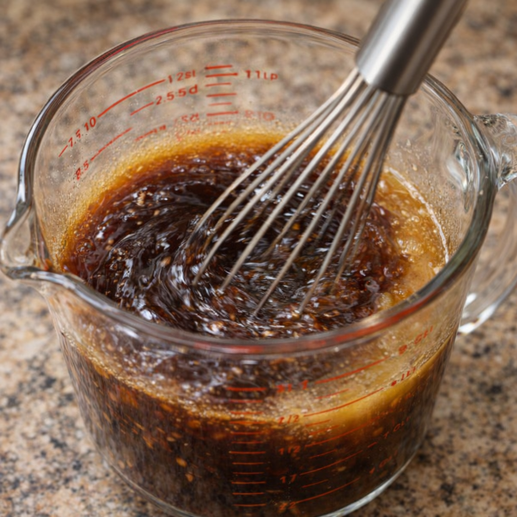 Teriyaki sauce and broth being whisked in a measuring cup